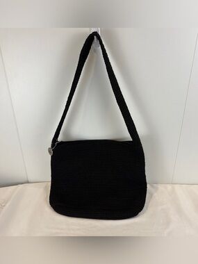 The Sak Black Woven Crochet Knit Shoulder Bag EUC Medium Hobo Purse Boho Hippie